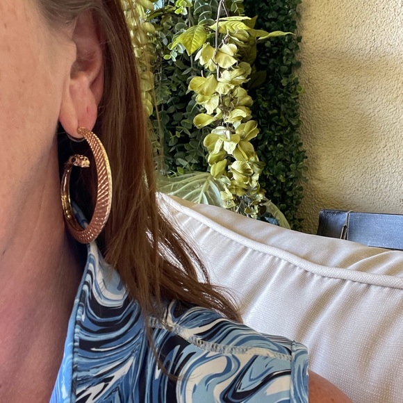 Gold Textured Snake Hoop Statement Earrings - Picture 4 of 7